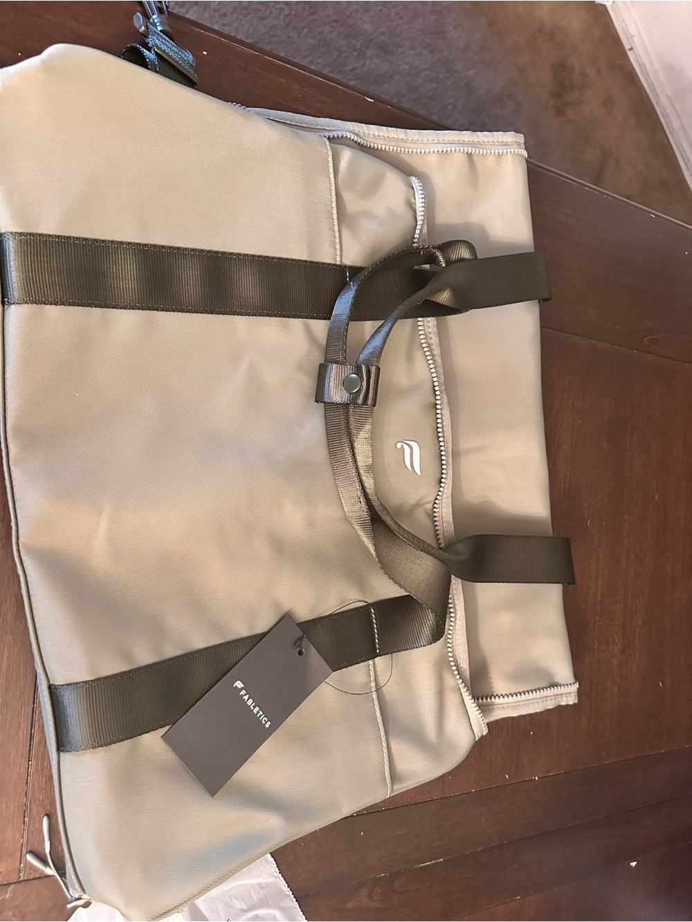 Beige Travel Tote Bag with Olive Straps